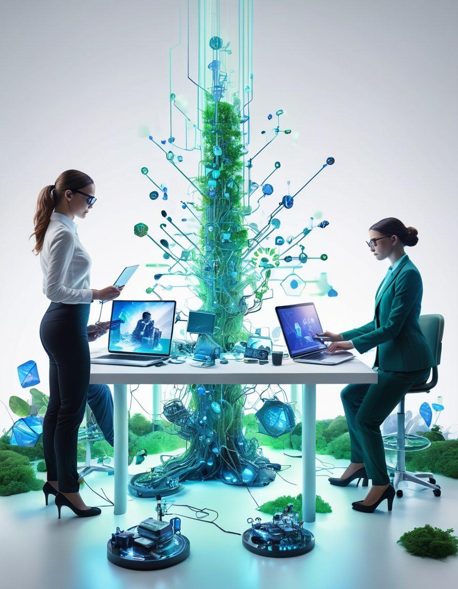 A futuristic digital landscape representing empowerment, featuring a diverse group of professionals engaged in various digital activities like coding, designing, and strategizing, surrounded by glowing digital tools and innovative technologies. The scene should convey support and collaboration, with vibrant blue and green hues, hinting at growth and success. super-realistic. vibrant colors. white background.