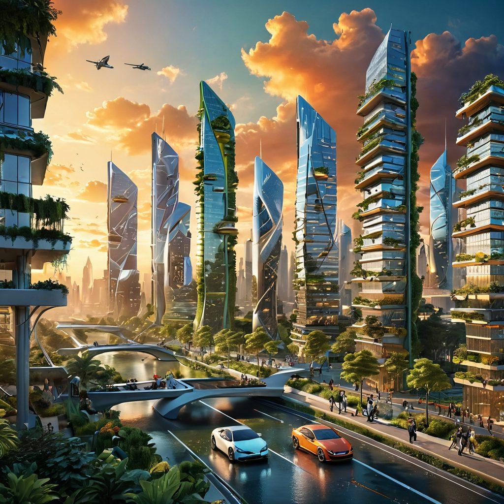 A futuristic cityscape featuring innovative architecture and green technology, with people using advanced gadgets and eco-friendly transport. Incorporate elements like flying cars, solar panels, and vertical gardens to convey sustainability. The skyline should shimmer at sunset, symbolizing hope and progress. Include diverse figures in dynamic poses to represent community and collaboration. vibrant colors. 3D.