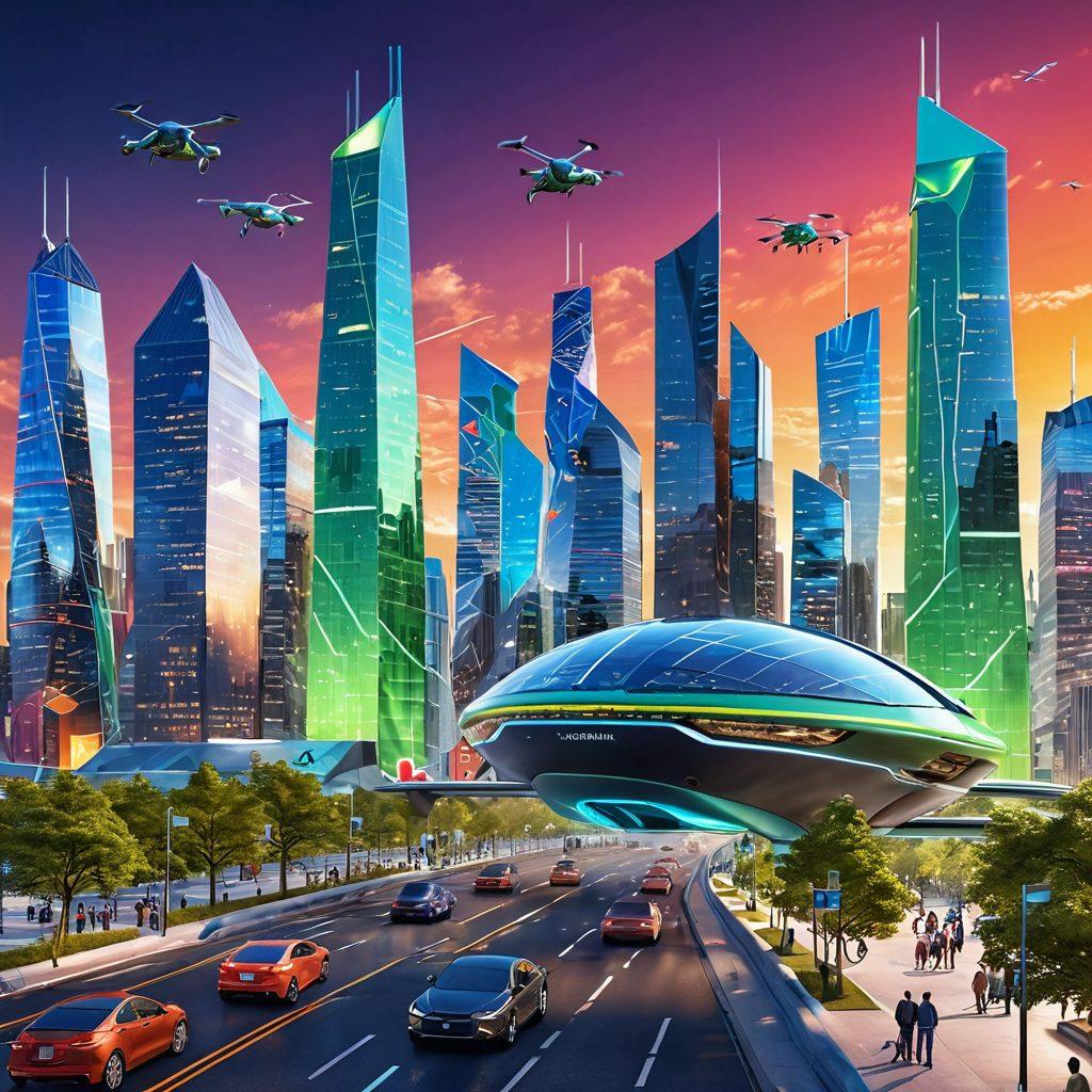 A futuristic cityscape featuring advanced technology and innovation elements, such as autonomous flying vehicles, smart buildings with green energy solutions, and people using augmented reality devices. Incorporate vibrant colors that suggest a thriving, dynamic environment. Include a glimpse of the Vogya logo subtly blended into the skyline. super-realistic. vibrant colors. 3D.